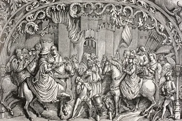 Överlämnande av Montefrio nära Granada, Spanien 1486, från "Militärt och religiöst liv under medeltiden" av Paul Lacroix, publicerad i London c.1880